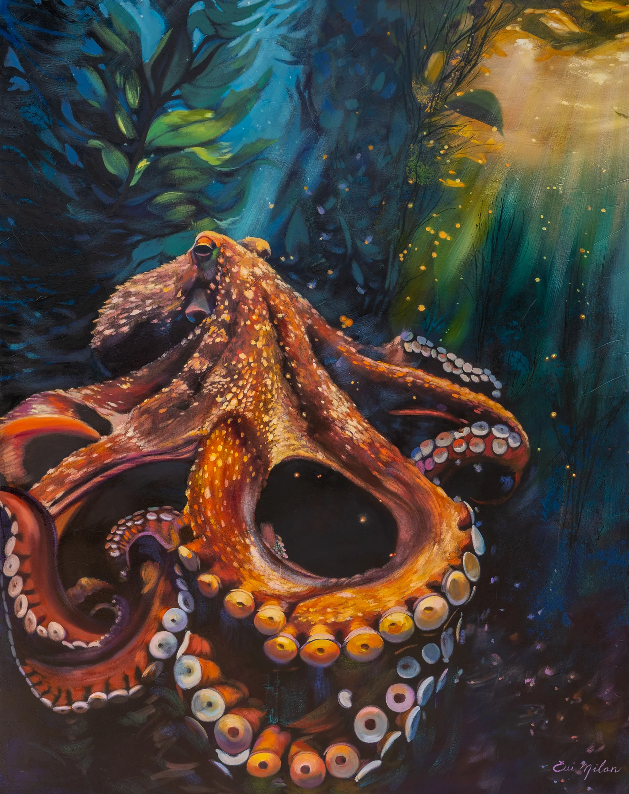 Giant octopus in a lush kelp forest — original oil painting